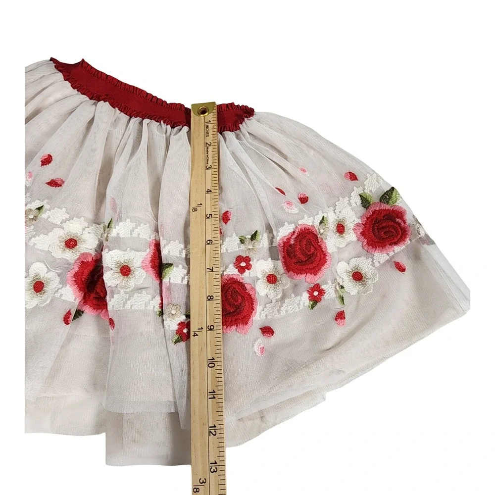 Mayoral Girls Size 8 Cream Tulle Embroidered Rose Floral Tutu Skirt Burgundy Red